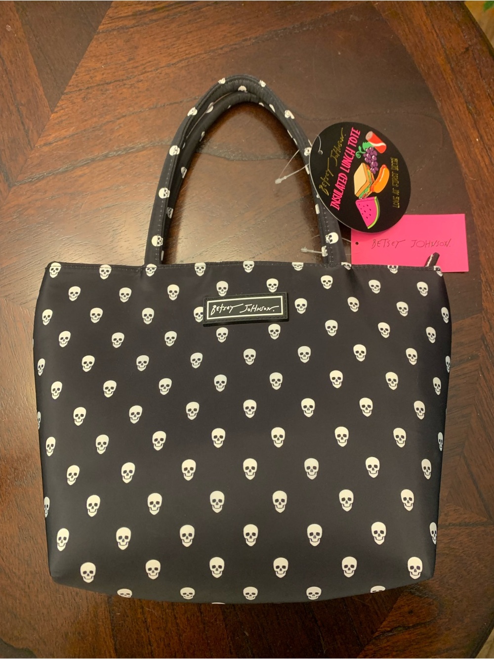 Betsey Johnson Black and White Skull Print Insulated Tote - Picture 2 of 5